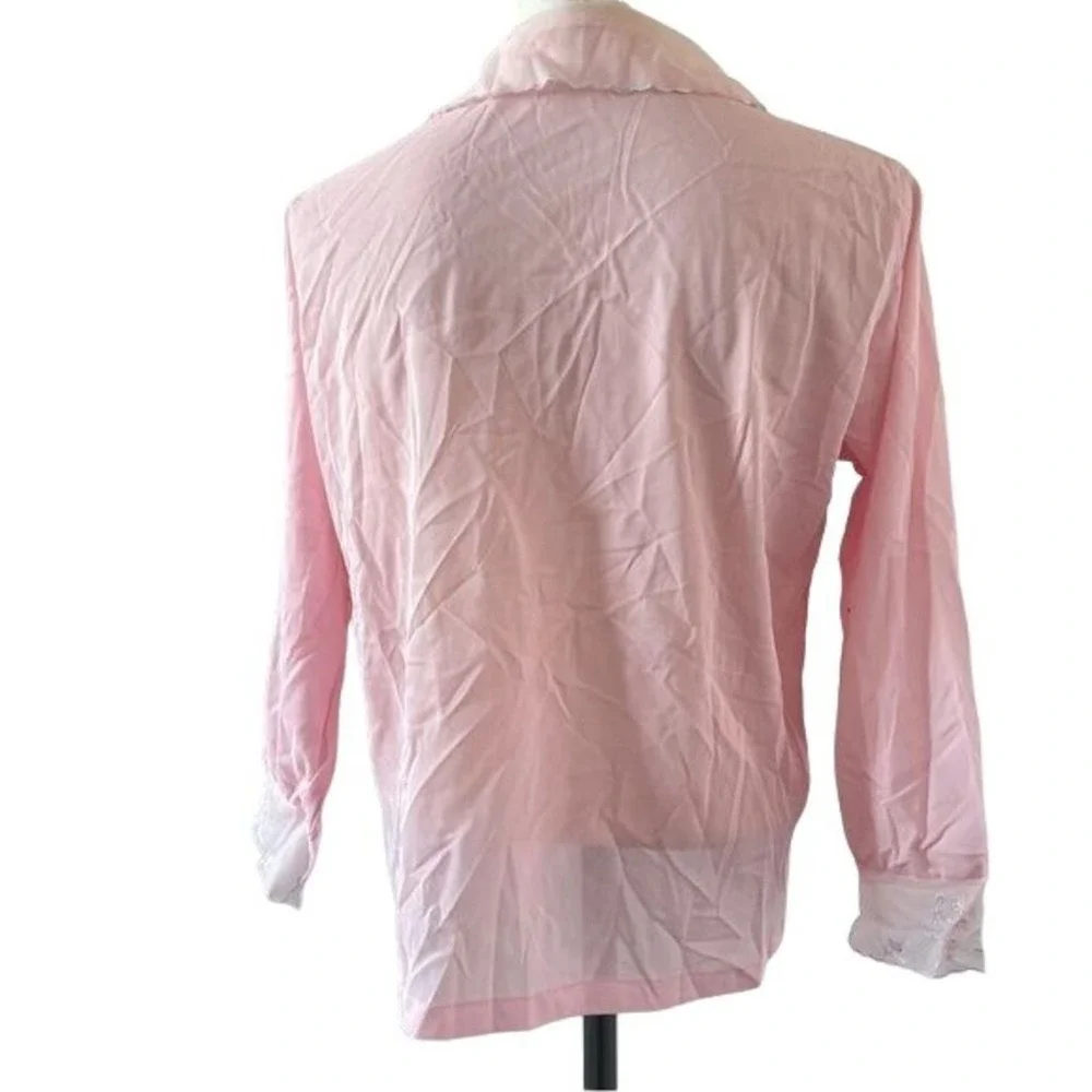 Vintage 60s Blouse Sleep Shirt Blush Pink Nylon Semi Sheer Top Floral Hems Sz 36 - Picture 3 of 11
